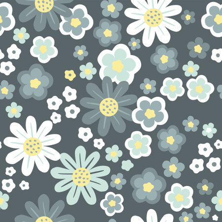 Hand drawn seamless pattern with flowers in gray swamp shades. Lovely romantic Ditsy Fashion Print for background, holiday design, wallpaper, fabricのイラスト素材