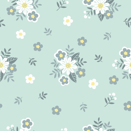 Hand drawn seamless pattern with flowers in gray swamp shades. Lovely romantic Ditsy Fashion Print for background, holiday design, wallpaper, fabricのイラスト素材