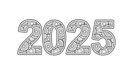 Vector coloring Banner New Year 2025 typography, number with pattern and. New Year 2025 black...