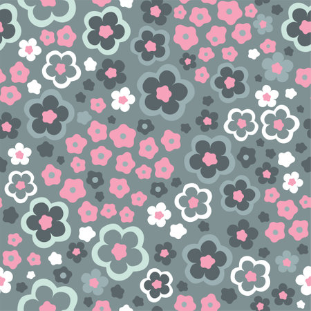 Hand drawn seamless pattern with flowers in gray swamp shades. Lovely romantic Ditsy Fashion Print for background, holiday design, wallpaper, fabricのイラスト素材