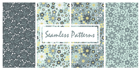 Hand drawn seamless pattern with flowers in gray swamp shades. Lovely romantic Ditsy Fashion Print for background, holiday design, wallpaper, fabricのイラスト素材