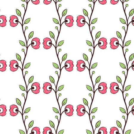 Hand drawn seamless pattern of green colors with interweaving of branches. Lovely romantic vertical fashion print for background, holiday design, wallpaper, fabricのイラスト素材