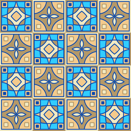 Hand drawn seamless pattern of square ceramic tile. Ornate patchwork pattern design. Typical oriental floor and wall tiles in different patterns and design in blue, brown yellow and white colorのイラスト素材