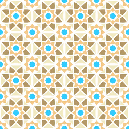 Hand drawn seamless pattern of square ceramic tile. Ornate patchwork pattern design. Typical oriental floor and wall tiles in different patterns and design in blue, brown yellow and white colorのイラスト素材