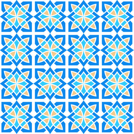 Hand drawn seamless pattern of square ceramic tile. Ornate patchwork pattern design. Typical oriental floor and wall tiles in different patterns and design in blue, brown yellow and white colorのイラスト素材