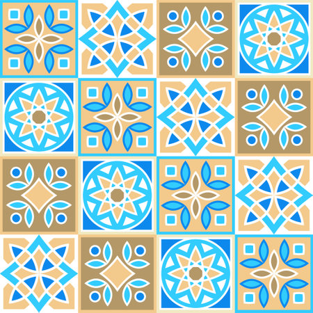 Hand drawn seamless pattern of square ceramic tile. Ornate patchwork pattern design. Typical oriental floor and wall tiles in different patterns and design in blue, brown yellow and white colorのイラスト素材