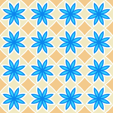 Hand drawn seamless pattern of square ceramic tile. Ornate patchwork pattern design. Typical oriental floor and wall tiles in different patterns and design in blue, brown yellow and white colorのイラスト素材
