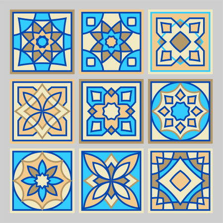 Set of vector hand drawn pattern of square ceramic tile. Ornate patchwork pattern design. Typical Mediterranean floor and wall tiles in different patterns in blue, brown yellow and white colorのイラスト素材