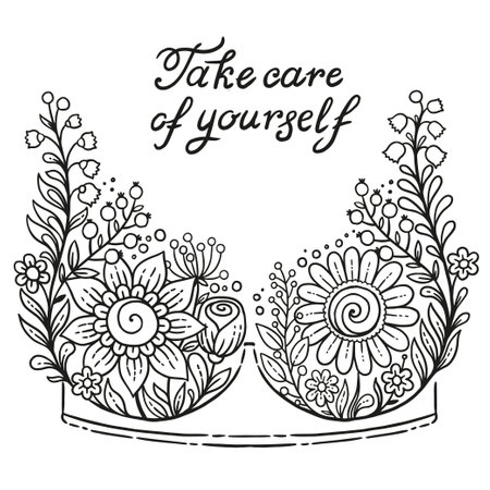Hand drawn vector illustration, coloring for adults. Floral lace bra and text breast cancer awareness month. Banner background, medical symbol in Octoberのイラスト素材