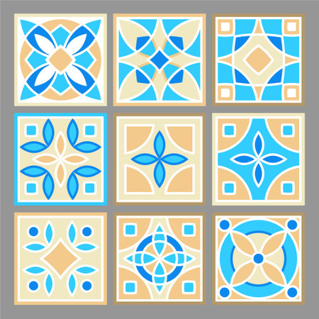 Set of vector hand drawn pattern of square ceramic tile. Ornate patchwork pattern design. Floor and wall tiles in different patterns in navy blue, brown yellow and white colorのイラスト素材