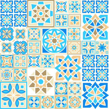 Set of vector hand drawn pattern of square ceramic tile. Ornate patchwork pattern design. Typical Mediterranean floor and wall tiles in different patterns in blue, brown yellow and white colorのイラスト素材