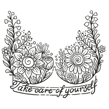 Hand drawn vector illustration, coloring for adults. Floral lace bra and text breast cancer awareness month. Banner background, medical symbol in Octoberのイラスト素材
