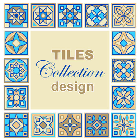 Set of vector hand drawn pattern of square ceramic tile. Ornate patchwork pattern design. Typical Mediterranean floor and wall tiles in different patterns in blue, brown yellow and white colorのイラスト素材