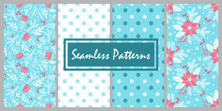 Hand drawn seamless pattern with Christmas design. Set of print for background, holiday design, wallpaper, fabric, greeting cardsのイラスト素材