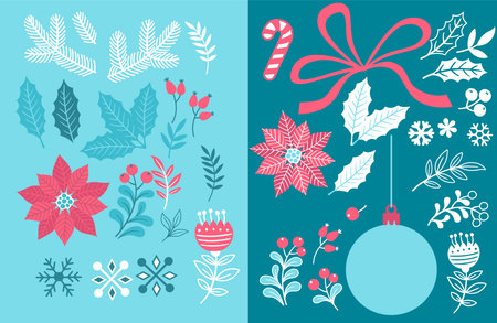 Christmas and winter collection of elements and designs. Set of poinsettia, leaves, branches, berries, holly, Christmas botanic elements for invitations, cards, textile, fabric, posters, bannersのイラスト素材