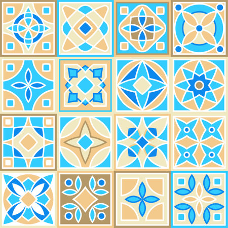 Set of vector hand drawn pattern of square ceramic tile. Ornate patchwork pattern design. Typical Mediterranean floor and wall tiles in different patterns in blue, brown yellow and white colorのイラスト素材