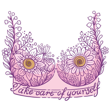 Hand drawn vector illustration. Floral lace bra and text breast cancer awareness month. Banner background, medical symbol in Octoberのイラスト素材