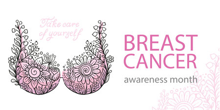 Hand drawn vector illustration. Floral lace bra and text breast cancer awareness month. Banner background, medical symbol in Octoberのイラスト素材