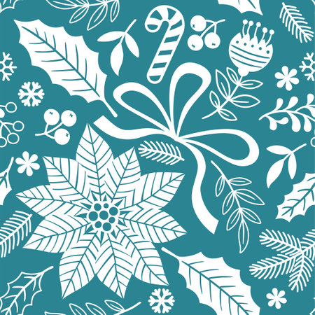 Christmas seamless pattern with holly leaves and poinsettia, Christmas tree branches, red berries and flower on white background. Vector hand draw illustration for wrapping paper, greeting cardsのイラスト素材