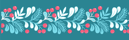 Christmas vignette decoration. Horizontal seamless pattern with mistletoe leaves, Christmas tree branches and red berriesのイラスト素材