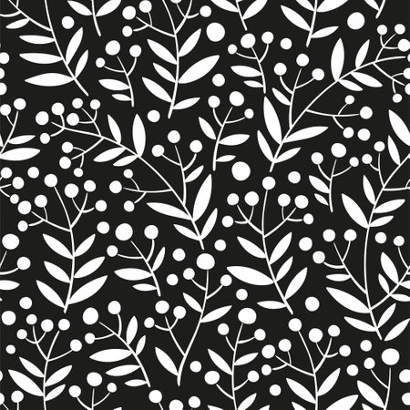 Black and white seamless pattern. Hand drawn floral background. Silhouette of interweaving branches with berries and leavesのイラスト素材