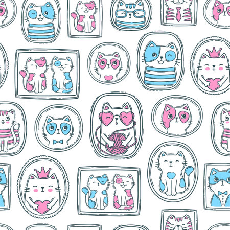 Hand drawn vector illustration cat face portrait. Cute children coloringのイラスト素材