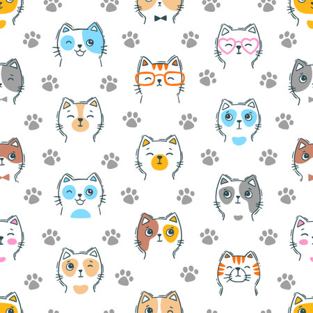 Hand drawn seamless pattern cat face portrait. Cute children coloringのイラスト素材