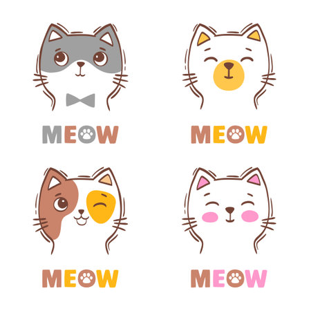 Hand drawn vector illustration cat face portrait. Set of cute prints for children coloring, greeting card, nurseryのイラスト素材