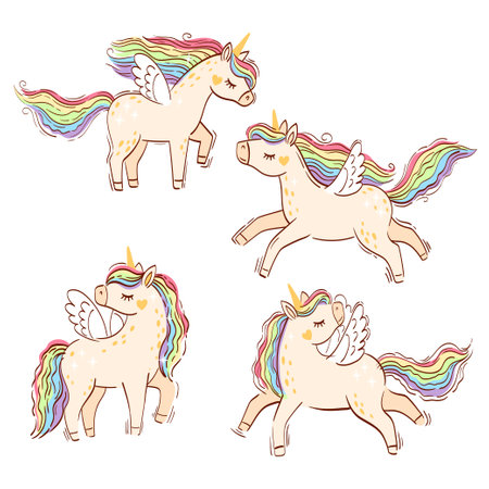 Rainbow unicorn. Set of hand drawn isolated horse unicorn isolated on white background. Bright illustration in lights colors for design children's room, clothing, nurseryのイラスト素材