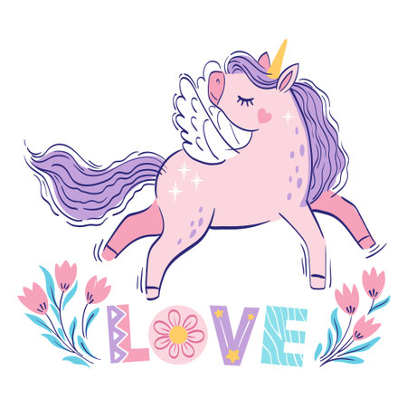Hand drawn cute pink unicorn and text love among fantasy flowers. Bright illustration in pastel colors for design childrens room, clothing, nursery, poster poster on white backgroundのイラスト素材