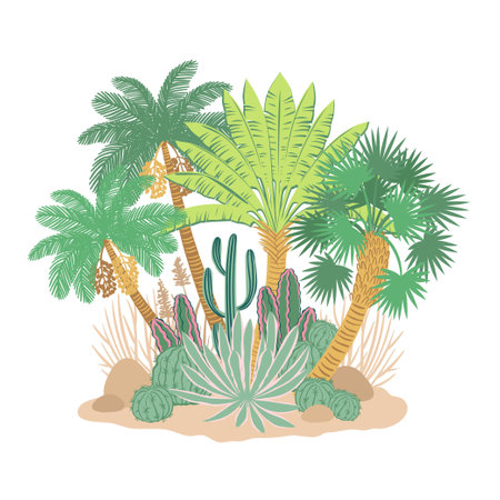 Oasis in the desert landscape. Summer background of designs palm tree, aloe, cacti, sun, mountains and desert landscapeのイラスト素材