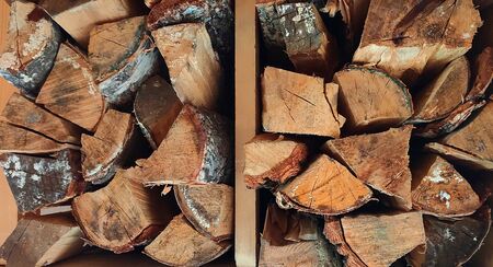 Fire wood background texture. Birch firewood. Close upの写真素材