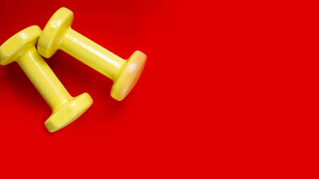 two yellow dumbbells on red background.wide bannerの写真素材