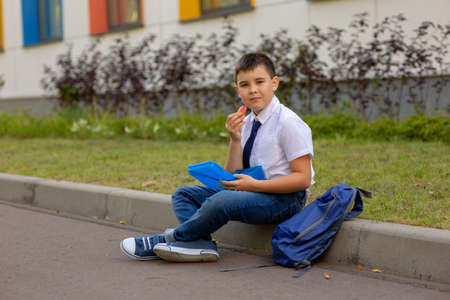 schoolboy in a white shirt with a blue tie, holds a blue lunch box and a slice of apple, looks at the cameraの写真素材
