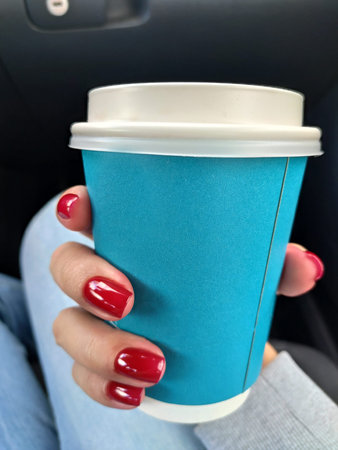 womans hand holding coffee inside a car