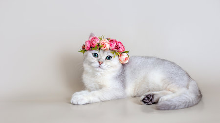 Beautiful gray cat in a crown of pink flowers lies on a gray backgroundの写真素材