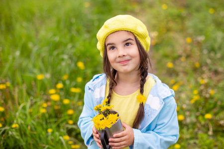 Portrait of a beautiful little girl with two pigtails holds a bouquet of yellow dandelions in a...