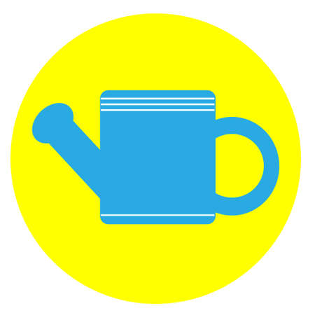Blue Watering can. Flat design. Yellow round backgroundのイラスト素材