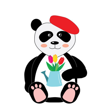 Illustration of a panda in a red beret holding a bouquet of tulips in a watering canのイラスト素材