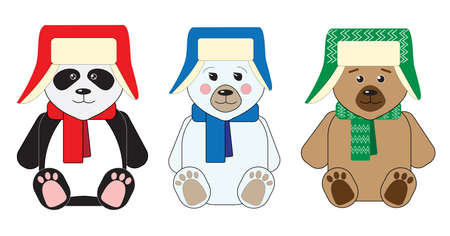 Three cute teddy bears: teddy, panda, and polar bear sitting in hats with earflaps and scarvesのイラスト素材