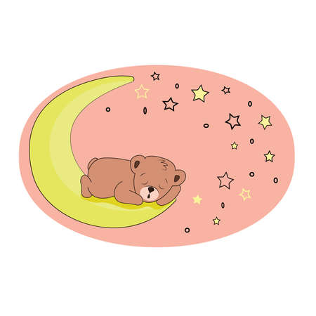 Cute childrens postcard. A small teddy bear sleeps on the moon, in a pink sky, in the form of an ellipse with stars.のイラスト素材