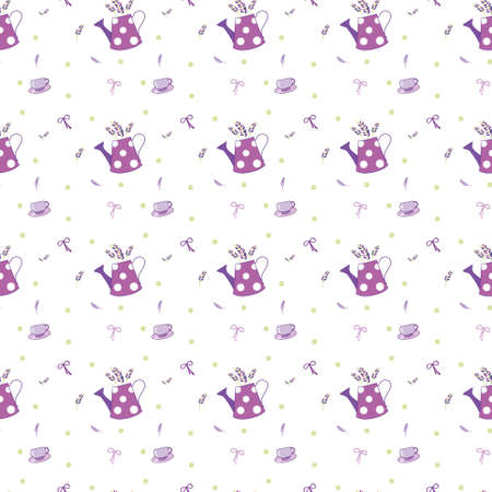 Seamless pattern, stems and leaves of lavender, retro purple watering can, mug, bowのイラスト素材