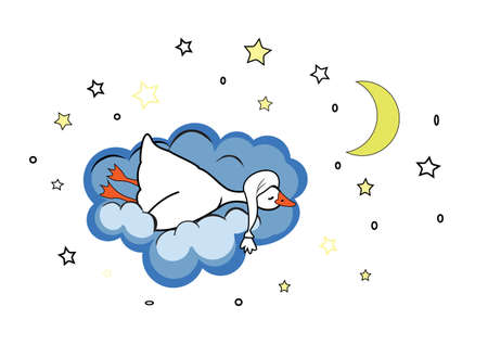 Cute sleeping goose in a nightcap on a blue cloud in the sky with stars and the moon.のイラスト素材