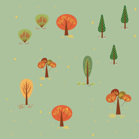 Seamless pattern with stylized autumn trees and fallen leaves