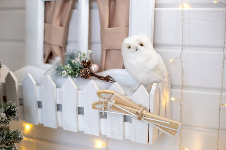Winter New Years decorations with white toy owlの写真素材