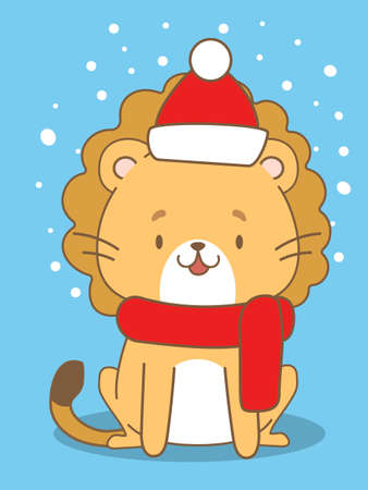 Cute Christmas card with a cartoon lion in red capのイラスト素材