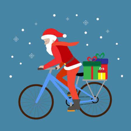 Cute christmas card with young santa riding a bikeのイラスト素材