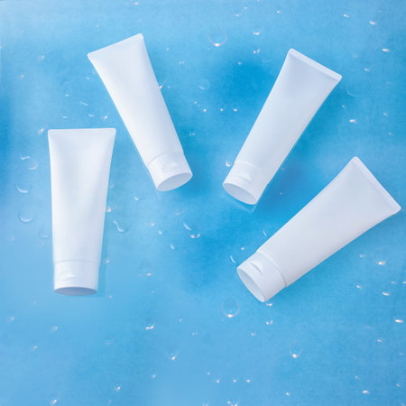 Four white cosmetic tubes, with a place for the text, lie on a blue background with water drops.