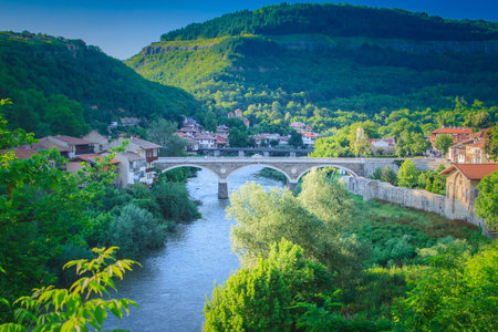 Beautiful summer view of the ancient bridge in Veliko Tarnovo, Bulgaria