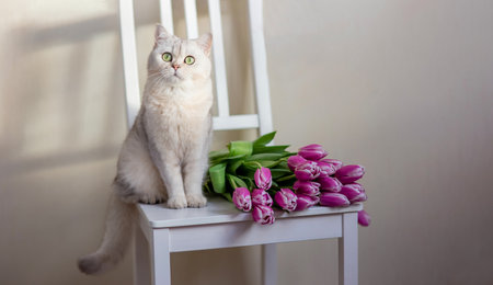 A beautiful white cat sits with bouquet of tulips, on a light background.の写真素材